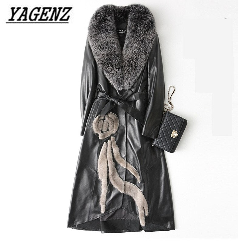 High-grade Fox fur Women Down Jacket Coats Black Slim Winter Long Overcoat Large size 4XL Female Leather Jacket Windbreaker Coat