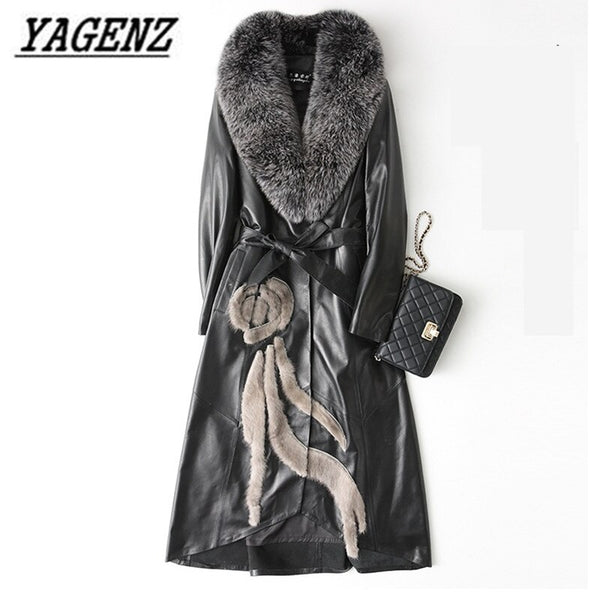 High-grade Fox fur Women Down Jacket Coats Black Slim Winter Long Overcoat Large size 4XL Female Leather Jacket Windbreaker Coat
