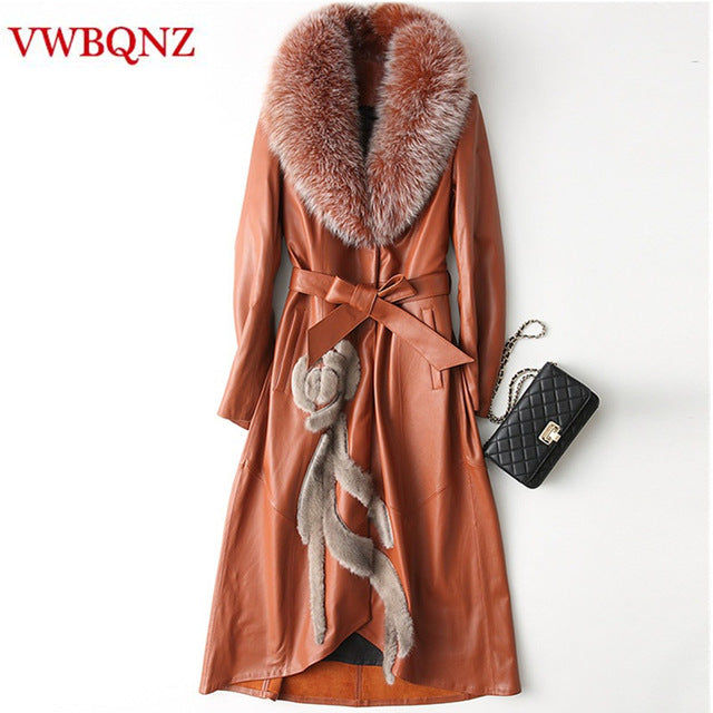High-grade Fox fur Women Down Jacket Coats Black Slim Winter Long Overcoat Large size 4XL Female Leather Jacket Windbreaker Coat