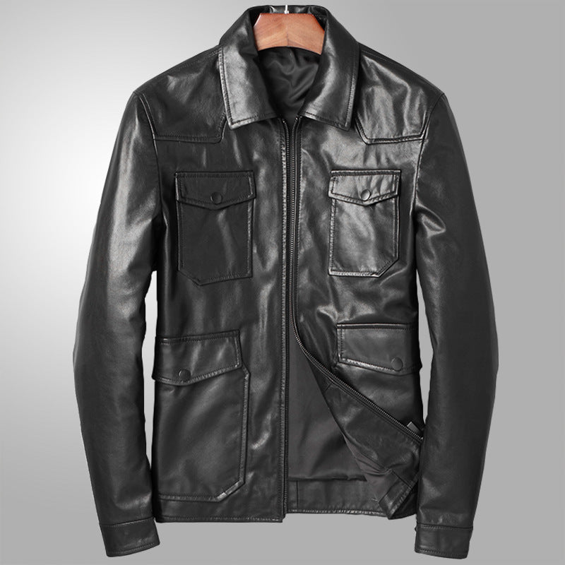 Leather Leather Clothing Man Autumn Short Fund Self-cultivation Youth Leisure Time Loose Coat Goat Skin Locomotive Jacket