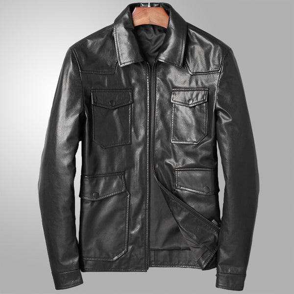 Leather Leather Clothing Man Autumn Short Fund Self-cultivation Youth Leisure Time Loose Coat Goat Skin Locomotive Jacket