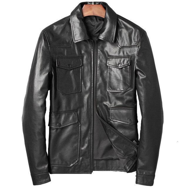 Leather Leather Clothing Man Autumn Short Fund Self-cultivation Youth Leisure Time Loose Coat Goat Skin Locomotive Jacket