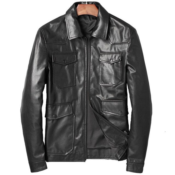 Leather Leather Clothing Man Autumn Short Fund Self-cultivation Youth Leisure Time Loose Coat Goat Skin Locomotive Jacket