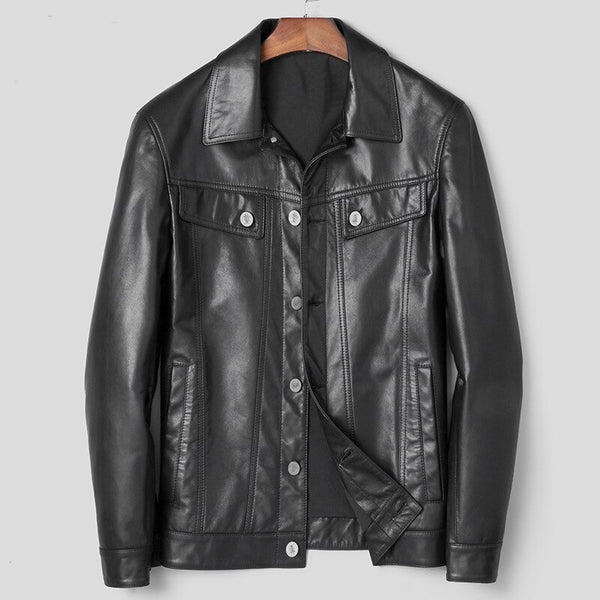 Leather Leather Clothing Men's Leather Jacket Goat Skin Locomotive Fund Jacket Lapel Short Fund Self-cultivation Loose Coat
