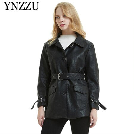 YNZZU Causal black with belt women leather jacket 2019 Autumn Winter Loose pocket long sleeve PU coat Solid female oterwear O831