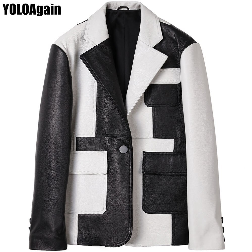 YOLOAgain women genunie leather jacket office lady pathchwork real sheepskin leather blazer