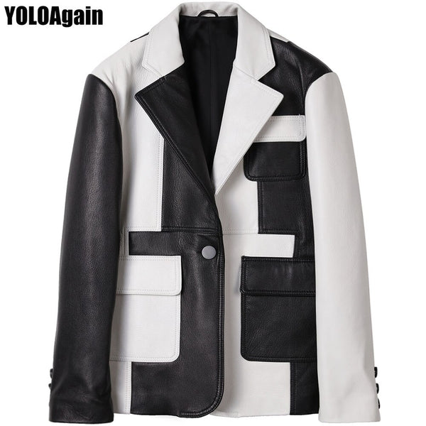 YOLOAgain women genunie leather jacket office lady pathchwork real sheepskin leather blazer