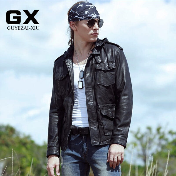 2017 New men's hooded leather jacket men Black Vegetable tanning sheepskin flight jacket casual pilot jacket autumn windbreaker