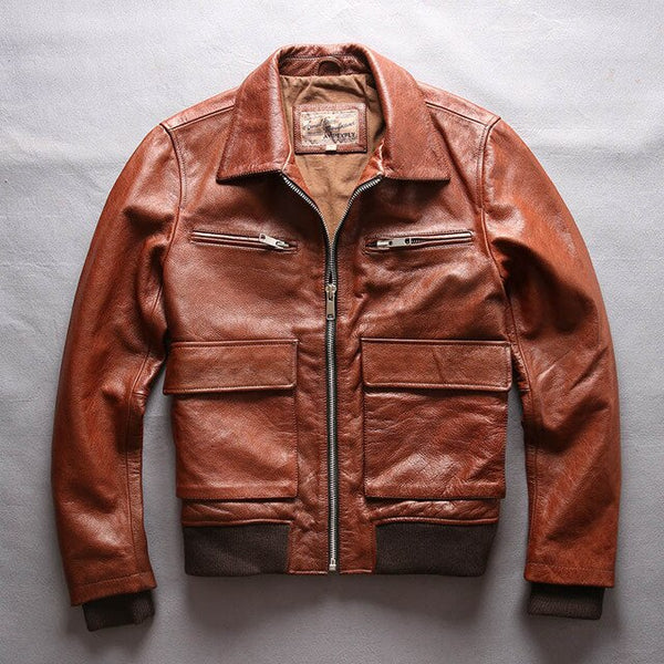 AVIREXFLY 2018 New Men Genuine Cow Riding Leather Jacket Fashion Multi-pocket Cowhide A2 Pilot Jackets Winter Russia Coats