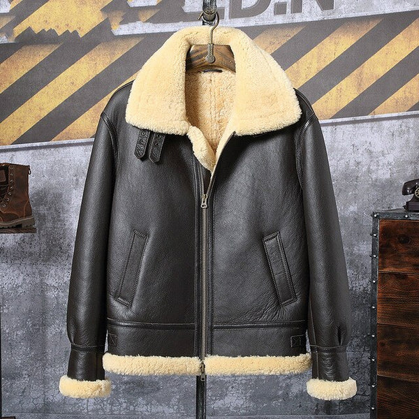 2019 New Mens Brown B3 Shearling Jacket Thicken Sheepskin Coat Winter Fur Coat Mens Genuine Leather Jacket Motorcycle Jacket