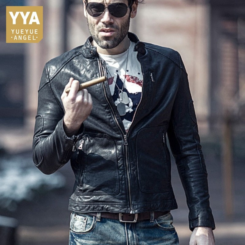 Men Motorcycle Biker Genuine Leather Jacket Brand Spring Autumn Slim Sheepskin Short Coat Casual Stand Collar Outwear Plus Size