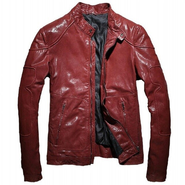 Men Motorcycle Biker Genuine Leather Jacket Brand Spring Autumn Slim Sheepskin Short Coat Casual Stand Collar Outwear Plus Size