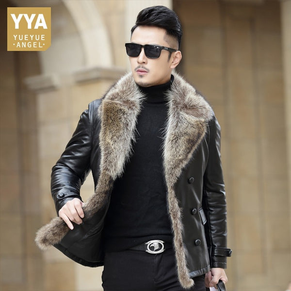 Genuine Leather Jacket Men Casual Turn-down Collar Office Short Coats Male Raccoon Dog Fur Collar Winter Warm Outwear Plus Size