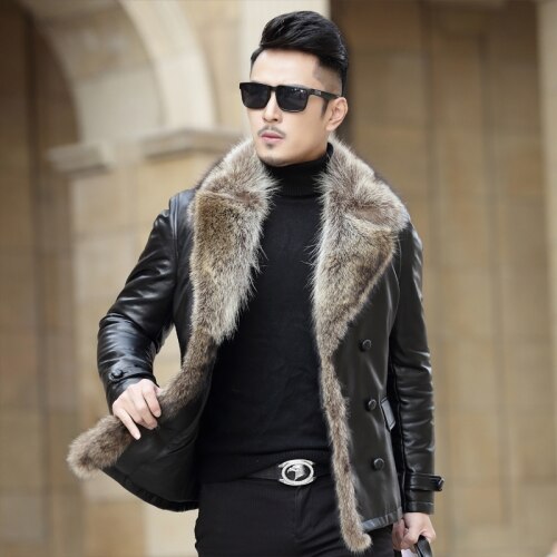 Genuine Leather Jacket Men Casual Turn-down Collar Office Short Coats Male Raccoon Dog Fur Collar Winter Warm Outwear Plus Size