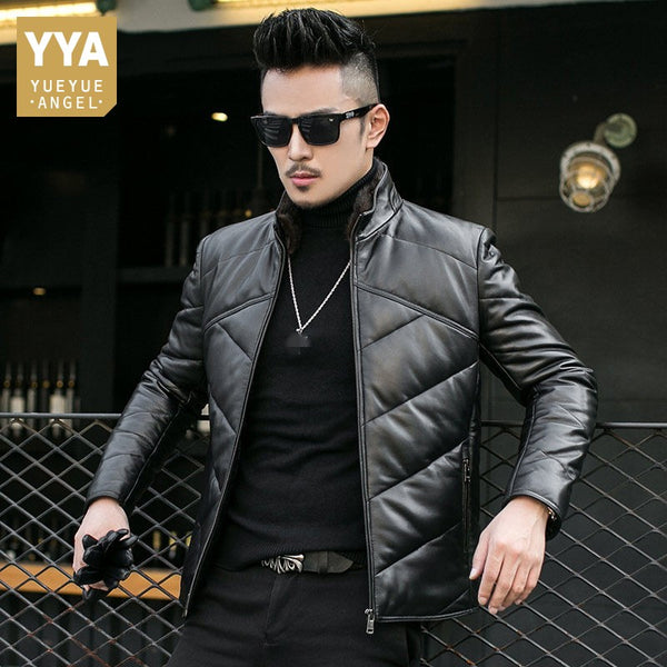Brand Sheepskin Down Coat Men Slim Short Genuine Leather Jacket Stand Collar Winter Fleece Warm Casual Outerwear Plus Size 4XL