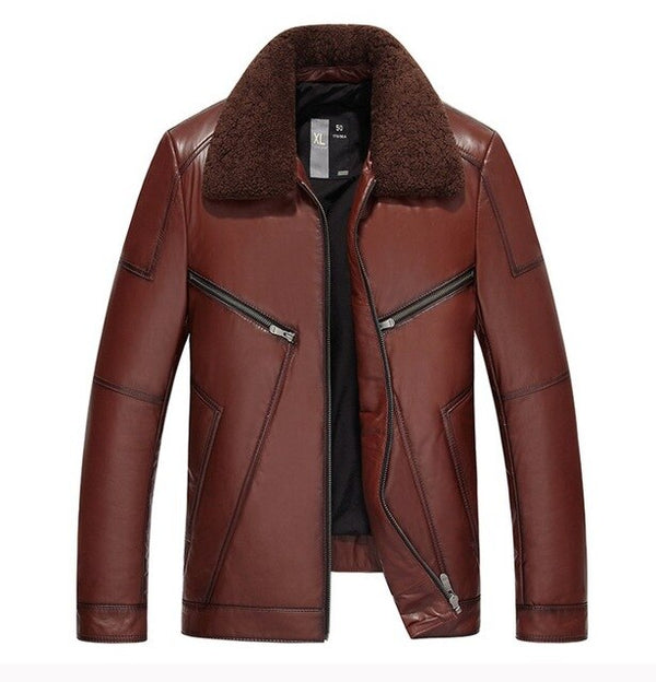 Men Wool Collar Cowhide Genuine Leather Jacket Winter Warm White Duck Down Coat Fashion Motorcycle Cow Leather Jacket Outwear
