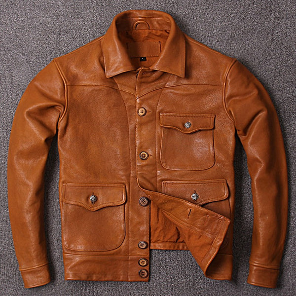 Solid Slim Vintage Genuine Leather Jacket Mens Classic Lapel Single Breasted 100% Cowhide Real Leather Coat Fashion Man Clothes