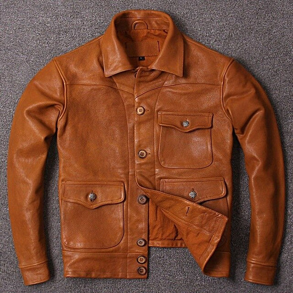 Solid Slim Vintage Genuine Leather Jacket Mens Classic Lapel Single Breasted 100% Cowhide Real Leather Coat Fashion Man Clothes
