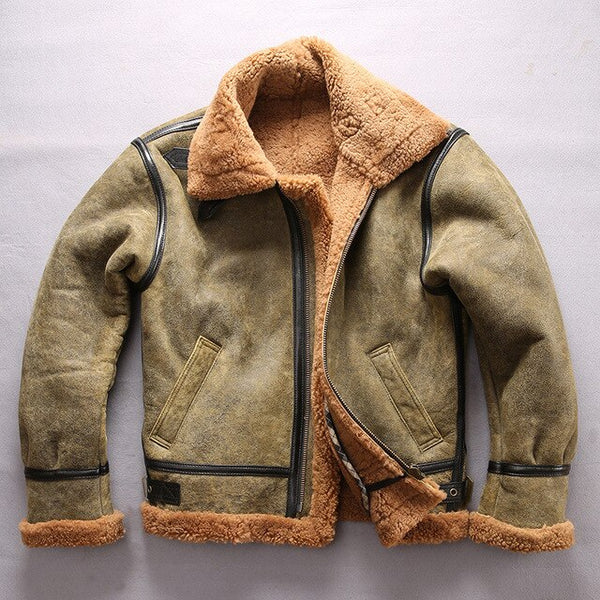 european size high quality super warm genuine sheep leather jacket mens big size B3 shearling bomber military pilot fur jacket