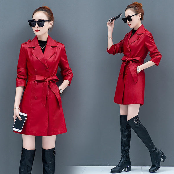2019 Autumn and Winter Korean fashion faux black red leather jackets women black coa gothic plus size women coats Free shipping