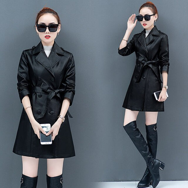 2019 Autumn and Winter Korean fashion faux black red leather jackets women black coa gothic plus size women coats Free shipping