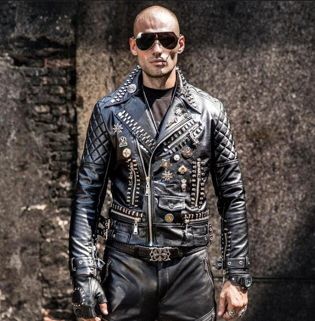FERNER 2019 New Korean Men's Hip Hop Rivet Punk Lapel Leather Jacket Motorcycle Outside Zipper Handsome Leather Coat Jacket