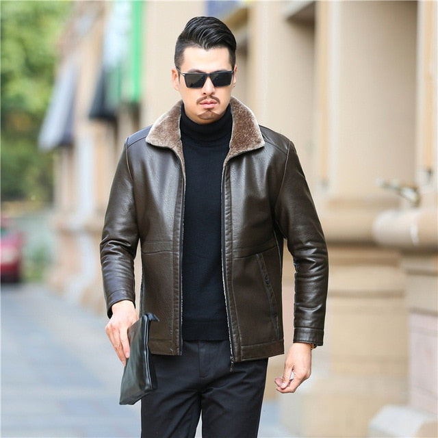 new genuine leather coat for men sheepskin leather hooded jacket winter jackets for men free shipping