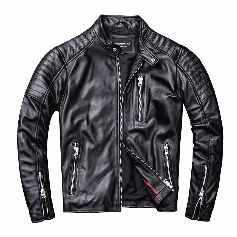 2019 Men's Real Sheepskin Jacket Black Pleated Motorcycle Leather Jackets Genuine Leather Biker Coat for Male