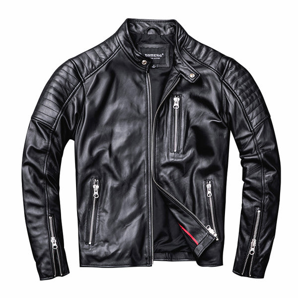 2019 Men's Real Sheepskin Jacket Black Pleated Motorcycle Leather Jackets Genuine Leather Biker Coat for Male