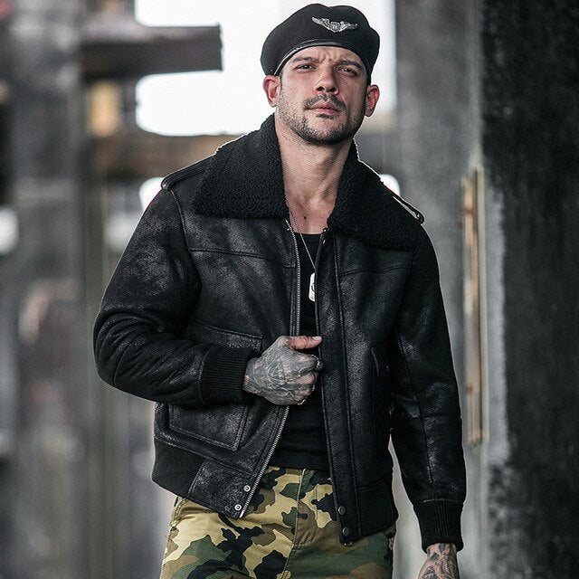 New Men's Shearling Jacket Sheepskin Coat Mens Motorcycle Coat Fur Parka Flight Jacket B3 B2 Aviator Genuine Leather Jacket Men