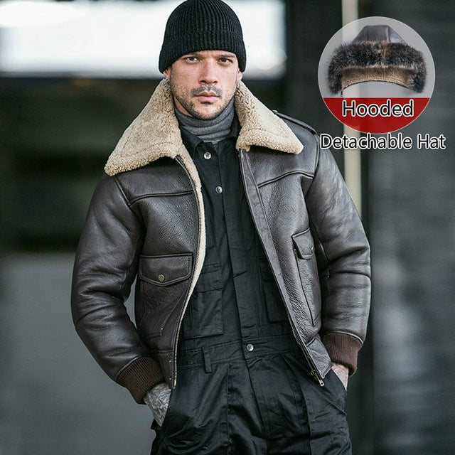 New Men's Shearling Jacket Sheepskin Coat Mens Motorcycle Coat Fur Parka Flight Jacket B3 B2 Aviator Genuine Leather Jacket Men