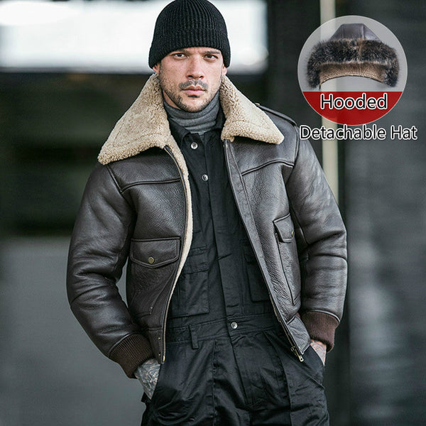 New Men's Shearling Jacket Sheepskin Coat Mens Motorcycle Coat Fur Parka Flight Jacket B3 B2 Aviator Genuine Leather Jacket Men