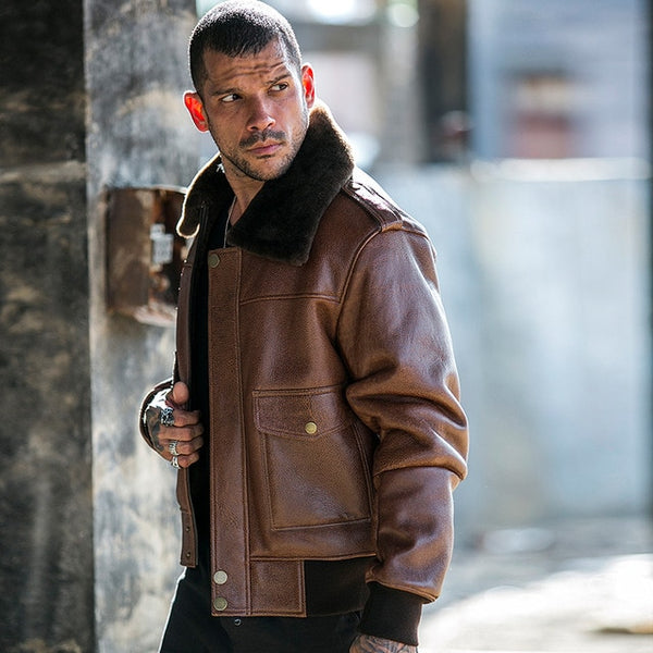 New Men's Shearling Jacket Sheepskin Coat Mens Motorcycle Coat Fur Parka Flight Jacket B3 B2 Aviator Genuine Leather Jacket Men