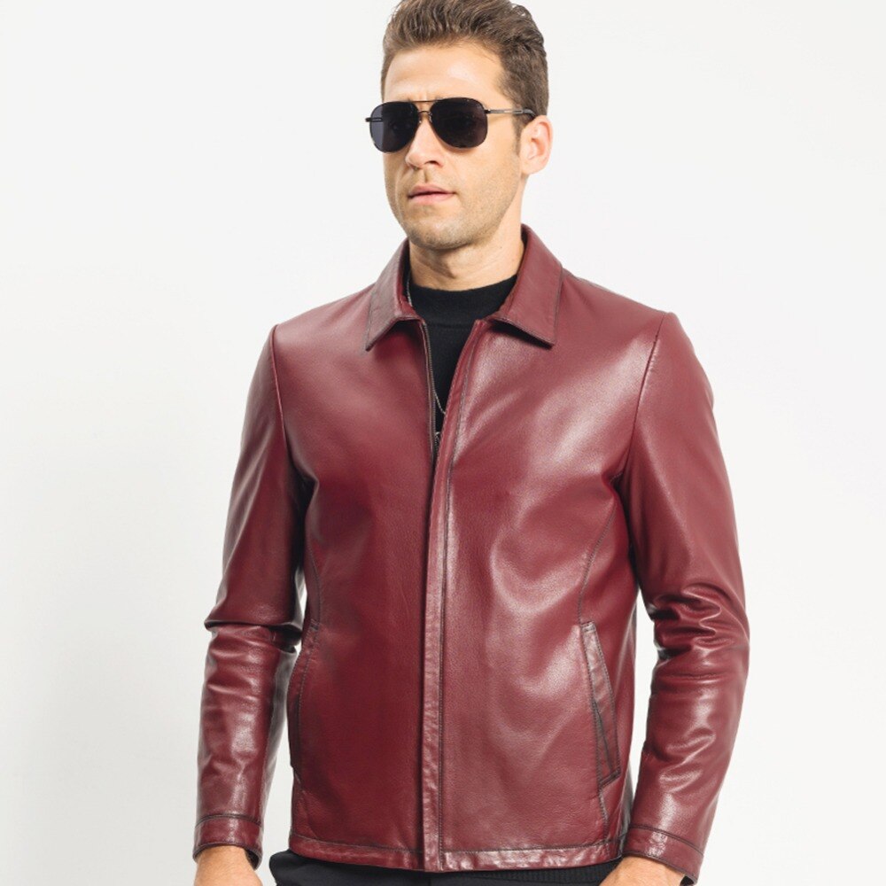 Men's Red Down  Leather Jacket  Short Lapel Collar Genuine Goat Skin Down Coat Men Smart Casual Outerwear TJ8120