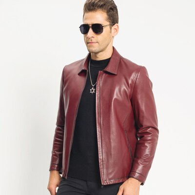Men's Red Down  Leather Jacket  Short Lapel Collar Genuine Goat Skin Down Coat Men Smart Casual Outerwear TJ8120