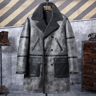 2019 New Shearling Coat Mens Gray B3 Bomber Jacket Leather Jacket Mens Winter Coats Long Fur Jacket Trench Coat