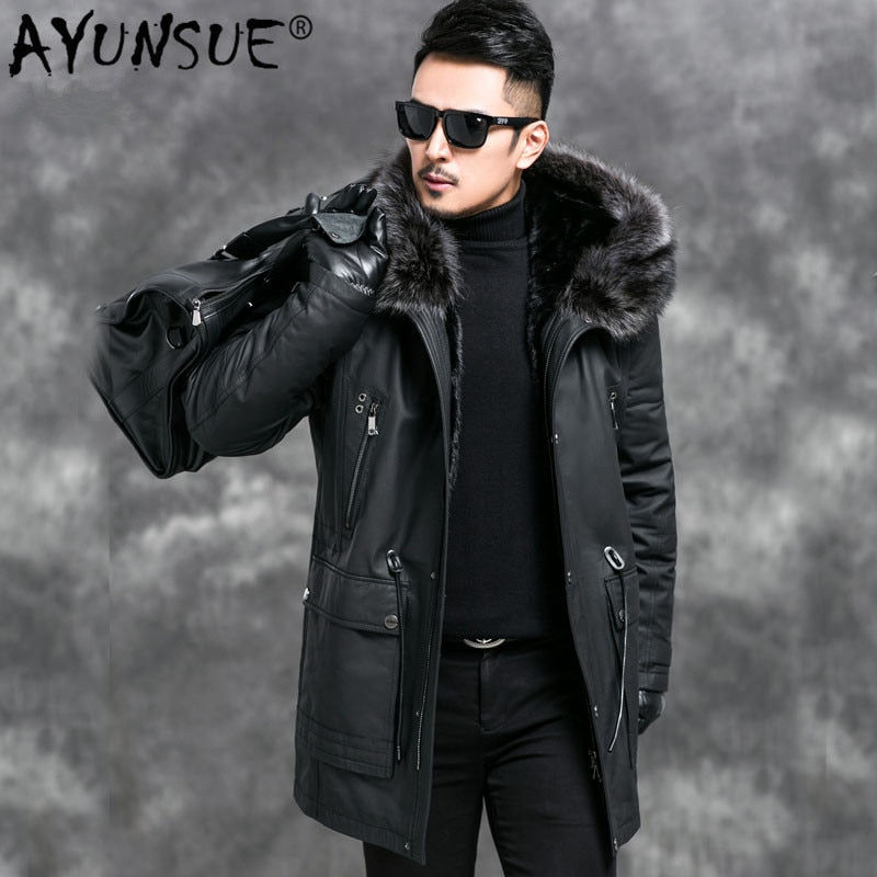 AYUNSUE 2019 New Genuine Cow Leather Jacket Men Warm Winter Parka Real Fur Coat Raccon Fur Collar Mink Fur Liner Jackets 4545