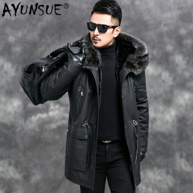 AYUNSUE 2019 New Genuine Cow Leather Jacket Men Warm Winter Parka Real Fur Coat Raccon Fur Collar Mink Fur Liner Jackets 4545