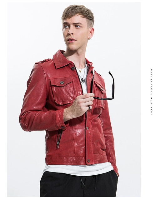 2019 New Men Fashion Red Genuine Motorcycle Leather Jacket Vegetable Tannin Red Goatskin Riding Biker Leather Jackets