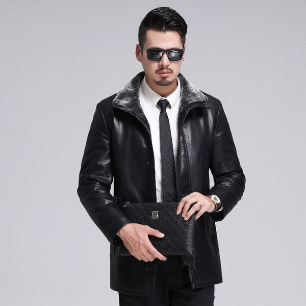 new luxurious Men's Winter Leather Jacket Casual Coat Fur Collar Thick Velvet Warm Motorcycle Leather Jackets