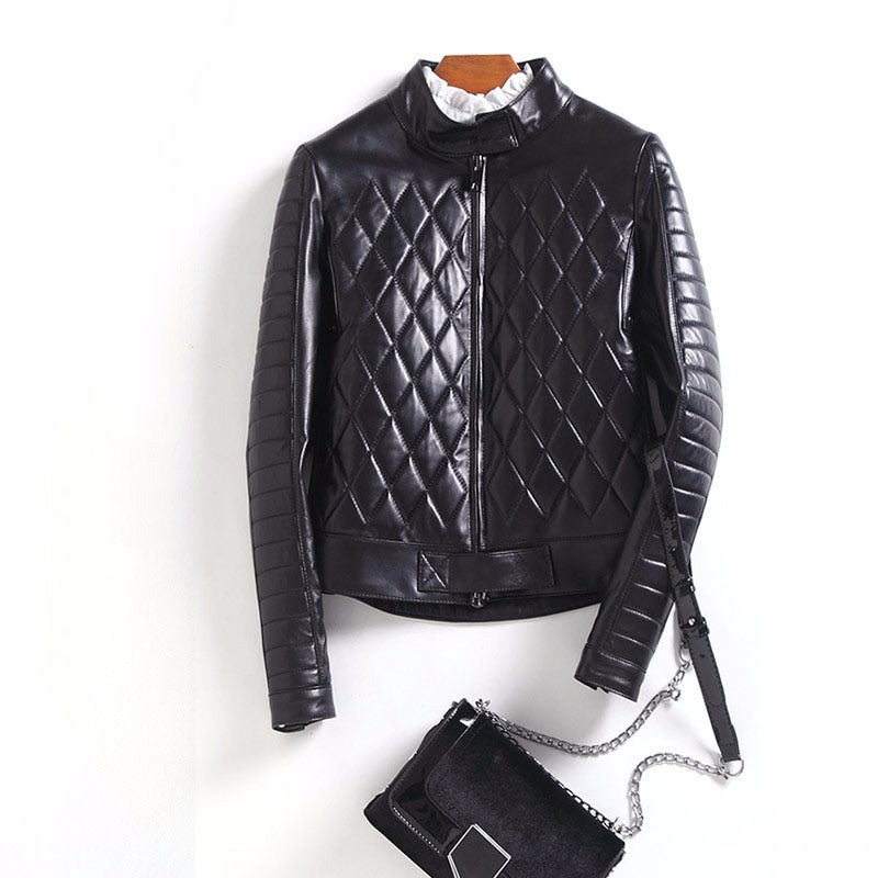 Square stitching natural sheepskin leather jacket women stand collar short design real leather coat outerwear 2018 autumn winter