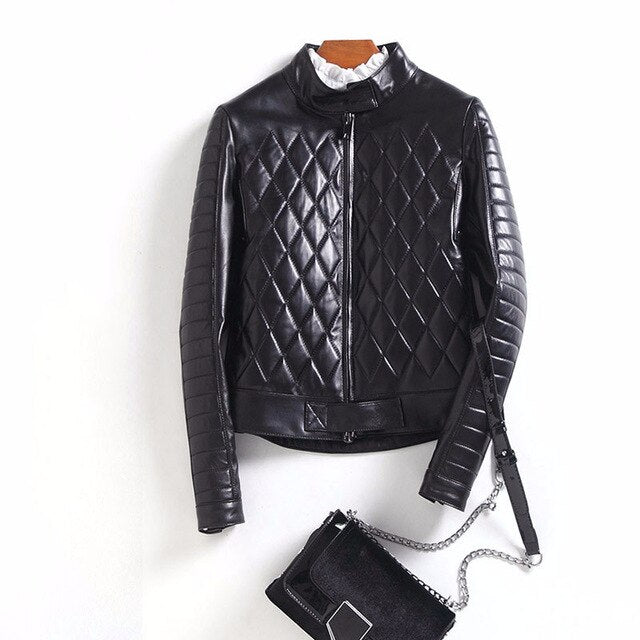 Square stitching natural sheepskin leather jacket women stand collar short design real leather coat outerwear 2018 autumn winter