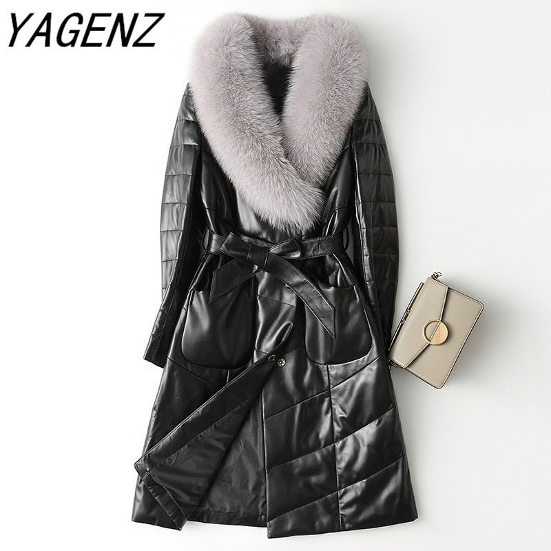 2019 New Fashion Winter Women Fox collar Down Leather Jacket Black Slim Long Overcoat Coats Plus size 4XL Brand Ladies Clothing
