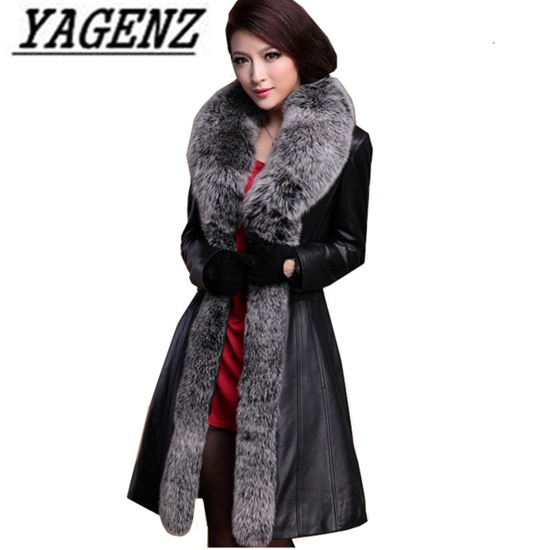 Large size 5XL Winter Women Fox fur Down Jacket Coats 2019 High grade Slim Black Temperament Long Leather Jacket Warm Outerwear