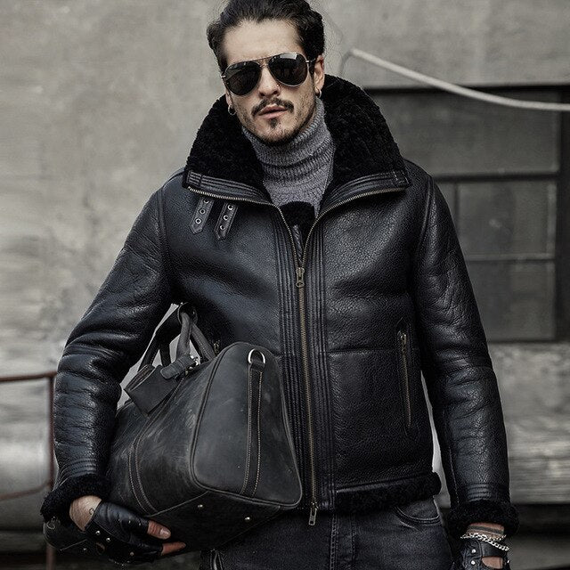 Men Sheepskin Shearling Jacket Mens Genuine Leather Jackets Thick Outerwear Motorcycle Jackets Fashion Short Winter Fur Coat