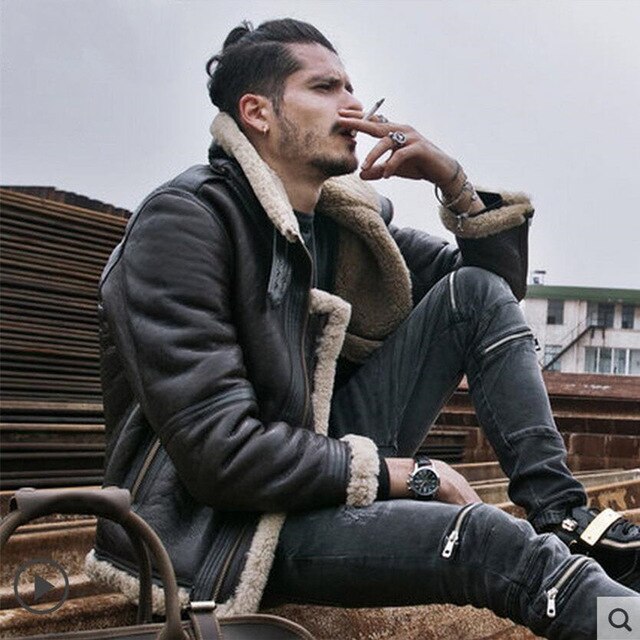 Men Sheepskin Shearling Jacket Mens Genuine Leather Jackets Thick Outerwear Motorcycle Jackets Fashion Short Winter Fur Coat