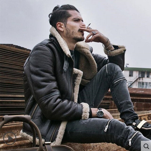 Men Sheepskin Shearling Jacket Mens Genuine Leather Jackets Thick Outerwear Motorcycle Jackets Fashion Short Winter Fur Coat