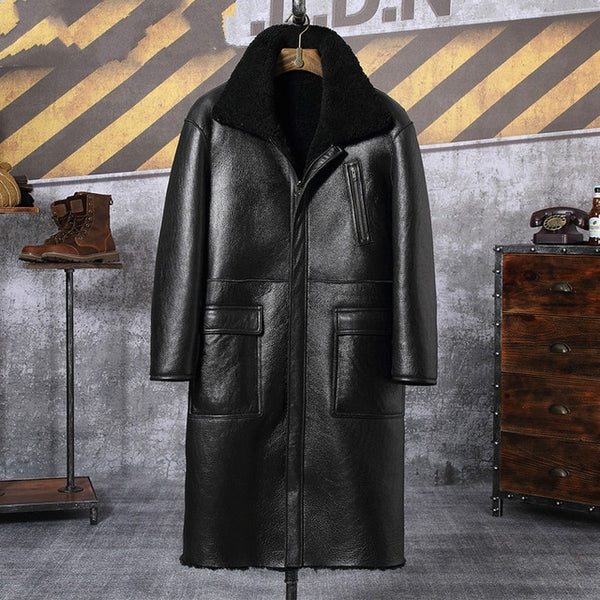 New Winter Sheep Shearling Jacket Mens Genuine Leather Jacket Long Sheepskin Coat for Men Natural Wool Fur Coat Double Side Wear