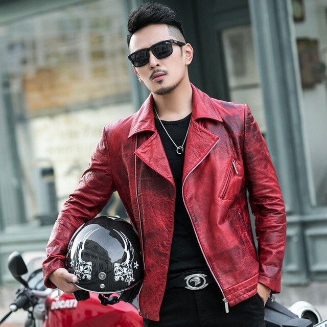 2019 New Mens Luxury Sheepskin Genuine Leather Jacket Slim Fit Motorcycle Leather Jacket Men Punk Designer Red Outwear Coat 4XL
