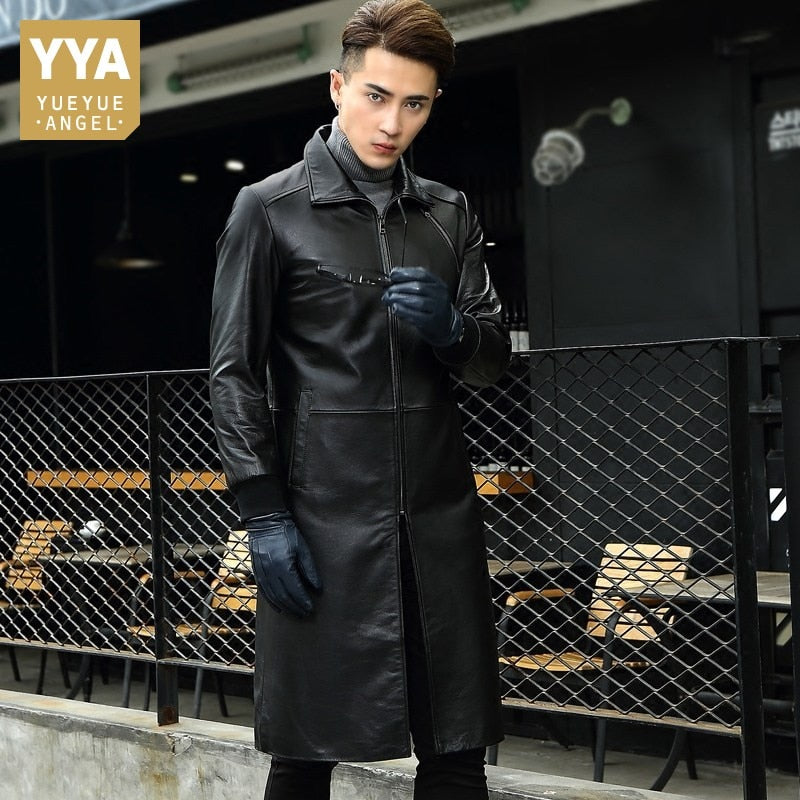 Genuine Leather Windbreaker Men Slim Fit Stand Collar Warm Overcoat Winter Formal Long Coat Men Cow Leather Jacket Plus Size 4XL